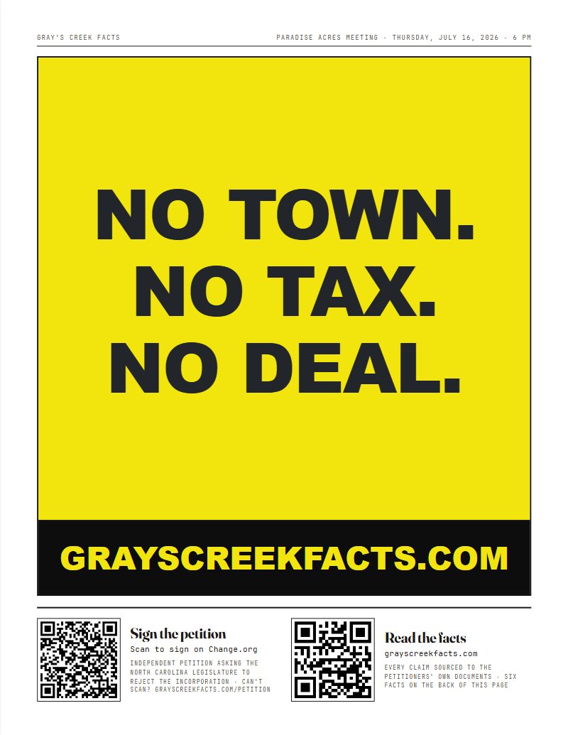 Flyer front: No Town. No Tax. No Deal. with QR codes to sign the petition and read the facts