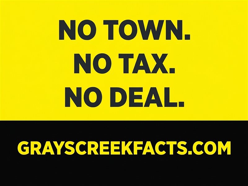 Sign front: No Town. No Tax. No Deal. grayscreekfacts.com