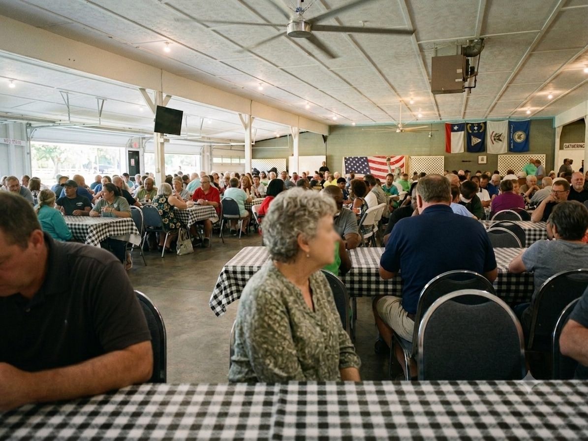 A packed community hall on meeting night: neighbors seated and talking at long tables with black-and-white checkered tablecloths, an American flag on the back wall